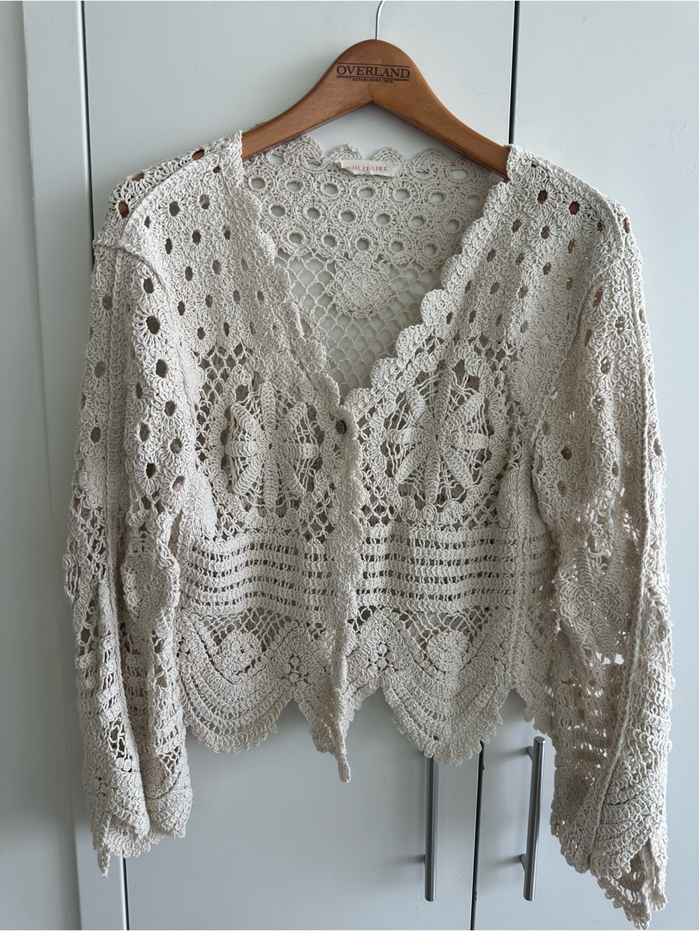 Crochet Lace V-Neck Cardigan in Light Beige
